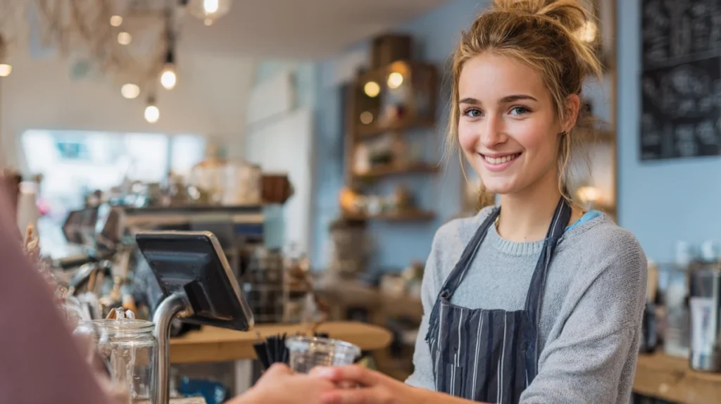 Tonåring som arbetar i ett café och serverar en kund